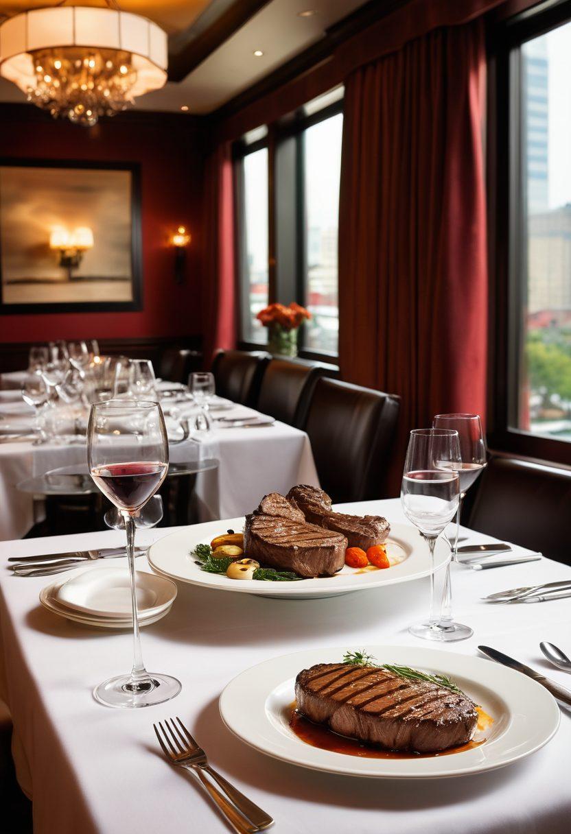 A beautifully set fine dining table at Ruth's Chris Steak House, featuring perfectly cooked steaks sizzling on hot plates, elegant wine glasses glimmering, and a backdrop of sophisticated decor. The atmosphere is warm and inviting, with soft lighting creating a plush ambiance. Include a chef in action, skillfully plating gourmet dishes. super-realistic. vibrant colors. upscale restaurant setting.