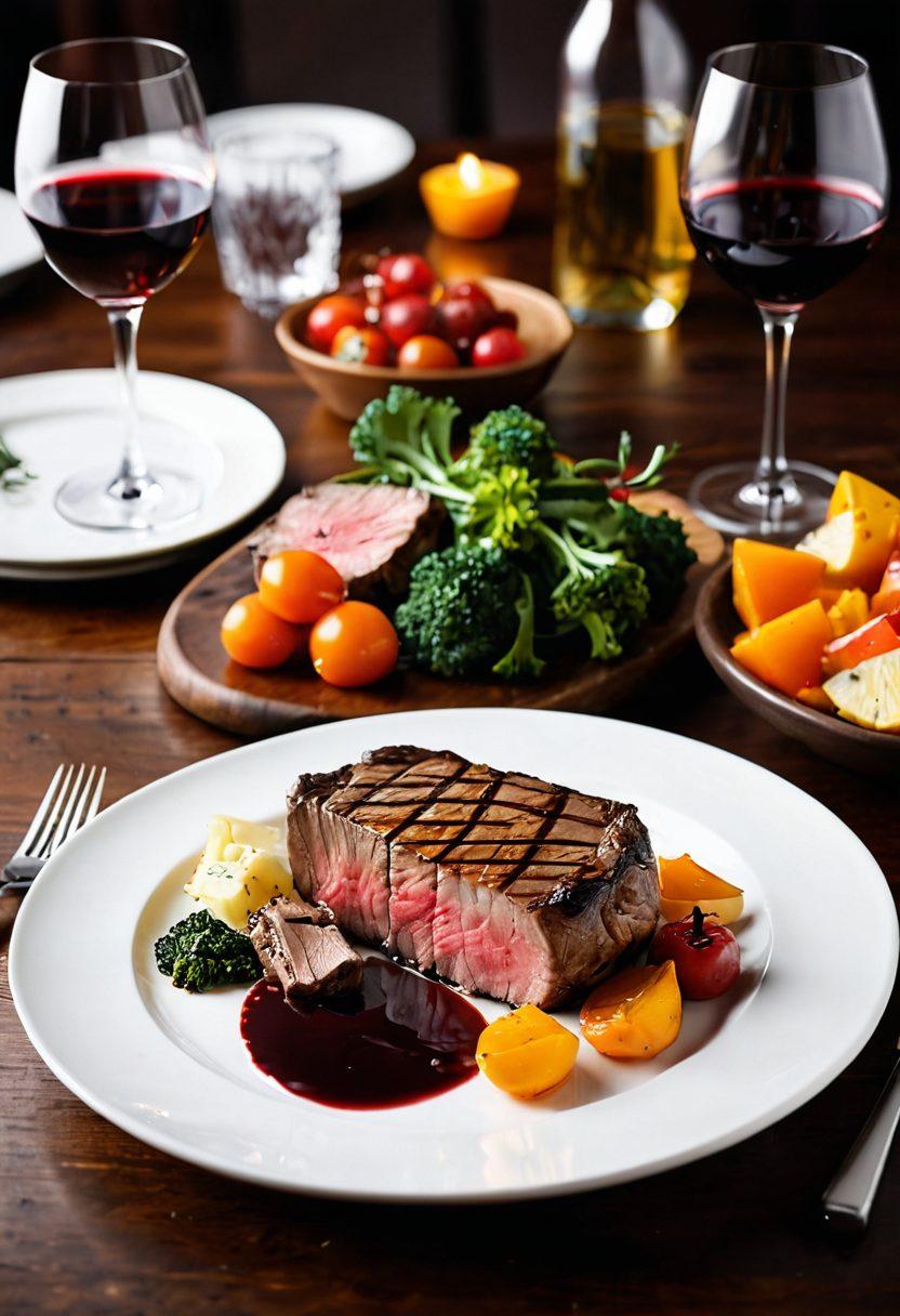 A beautifully arranged plate of gourmet steak with vibrant sides, glistening with juices, set on an elegant wooden table. An upscale dining atmosphere with soft, warm lighting enhances the luxurious feel. Include a glass of red wine beside the plate, and delicate garnishes adding a touch of color. A blurred background of a refined restaurant setting to evoke sophistication. super-realistic. vibrant colors. warm tones.