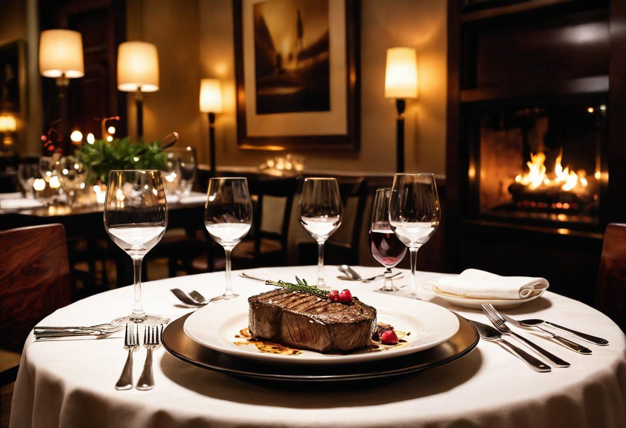 A luxurious dining table set for an upscale meal at Ruth's Chris, featuring elegant tableware, a perfectly cooked steak in the foreground, flickering candlelight, a wine bottle and glasses, and a warm, inviting ambiance with soft lighting. The background showcases an opulent restaurant interior with rich wood accents and sophisticated decor. super-realistic. warm tones. elegant atmosphere.